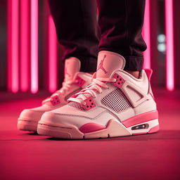 A pair of white and pink Jordan 4 sneakers featuring a collaboration with the Polo brand