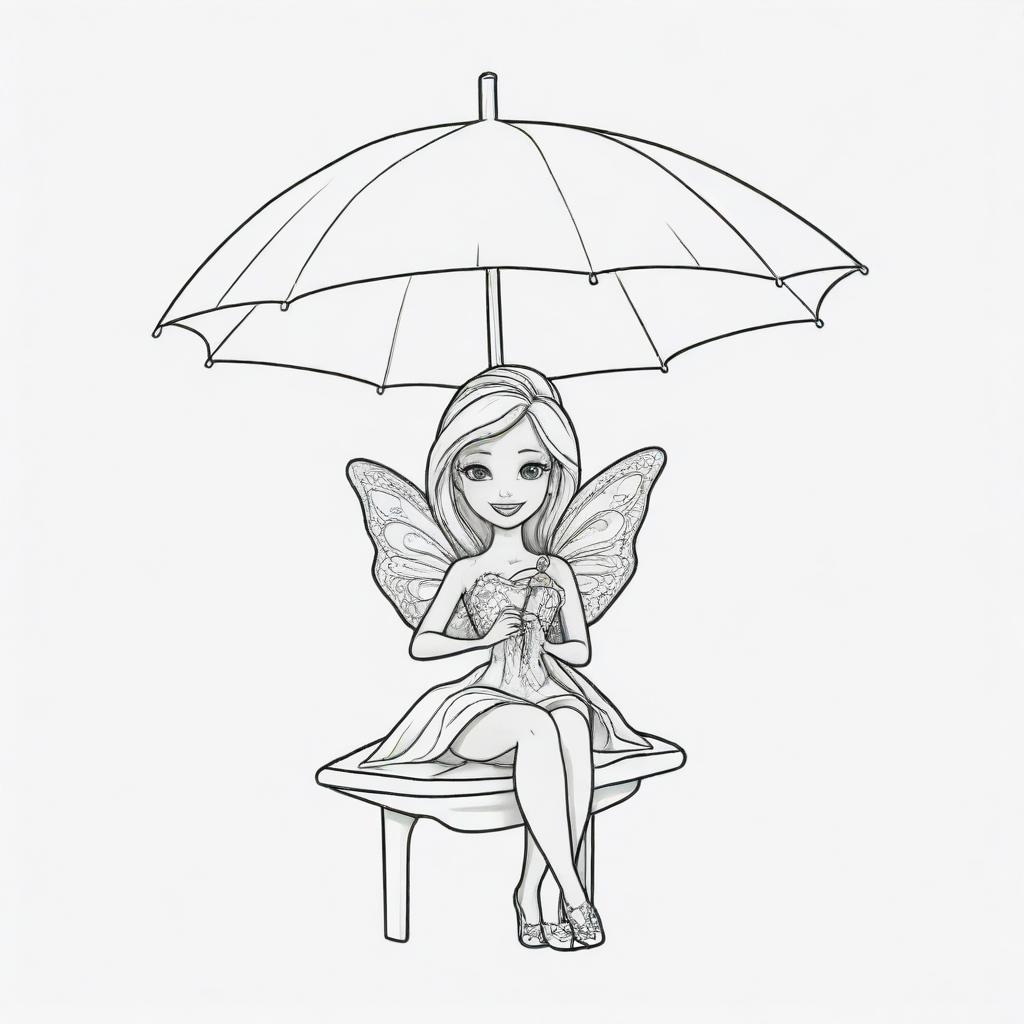Two-dimensional, black and white cartoon-style colouring page of a Barbie fairy sitting under an umbrella, playing with her little one on a white background.