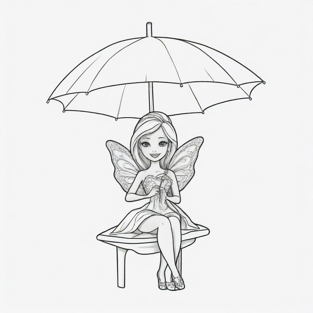 Two-dimensional, black and white cartoon-style colouring page of a Barbie fairy sitting under an umbrella, playing with her little one on a white background.