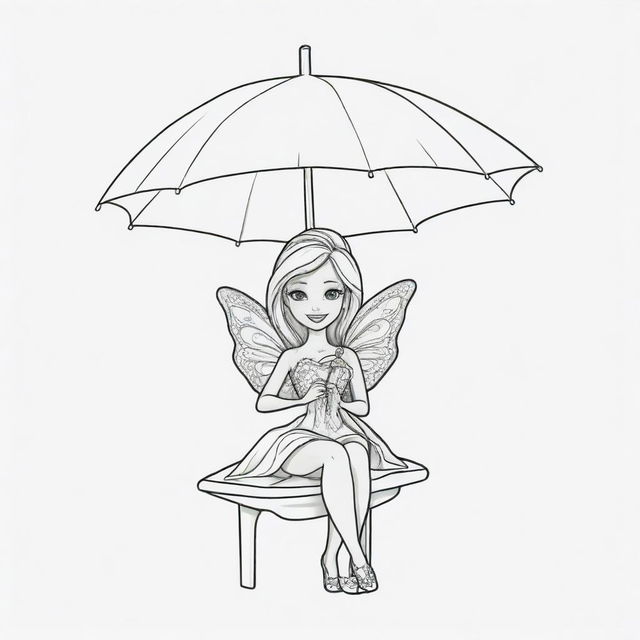 Two-dimensional, black and white cartoon-style colouring page of a Barbie fairy sitting under an umbrella, playing with her little one on a white background.