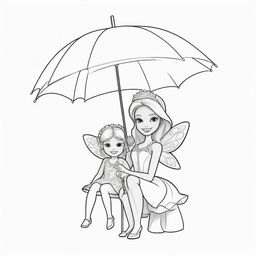 Two-dimensional, black and white cartoon-style colouring page of a Barbie fairy sitting under an umbrella, playing with her little one on a white background.