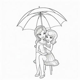 Two-dimensional, black and white cartoon-style colouring page of a Barbie fairy sitting under an umbrella, playing with her little one on a white background.