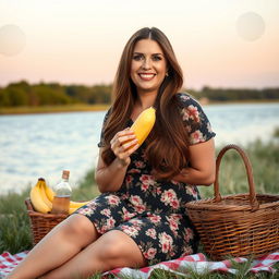 A beautiful 40-year-old woman with long brown hair, wearing a short floral-print dress