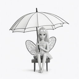 Two-dimensional, black and white cartoon-style colouring page of a Barbie fairy sitting under an umbrella, playing with her little one on a white background.