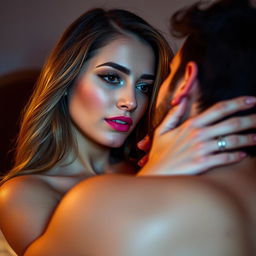 A beautiful woman engaging in an intimate moment, focusing on her alluring features and expressions