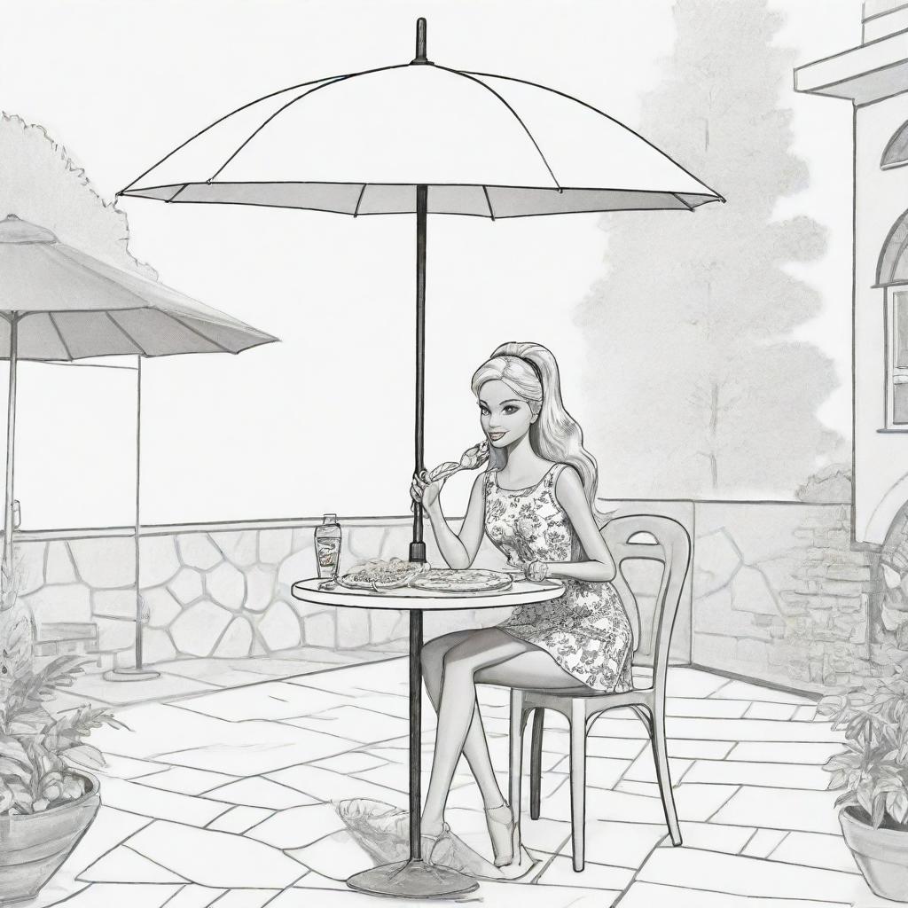 Two-dimensional, black and white cartoon-style colouring page of a Barbie fairy sitting under an umbrella at a restaurant, eating a pizza and drinking coke on a white background.