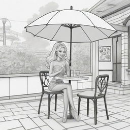 Two-dimensional, black and white cartoon-style colouring page of a Barbie fairy sitting under an umbrella at a restaurant, eating a pizza and drinking coke on a white background.