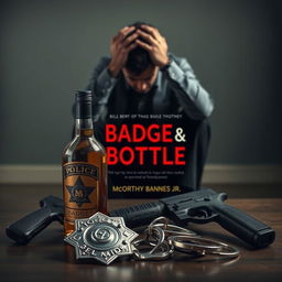 A police badge, a liquor bottle, a service weapon, and handcuffs artfully arranged in the foreground