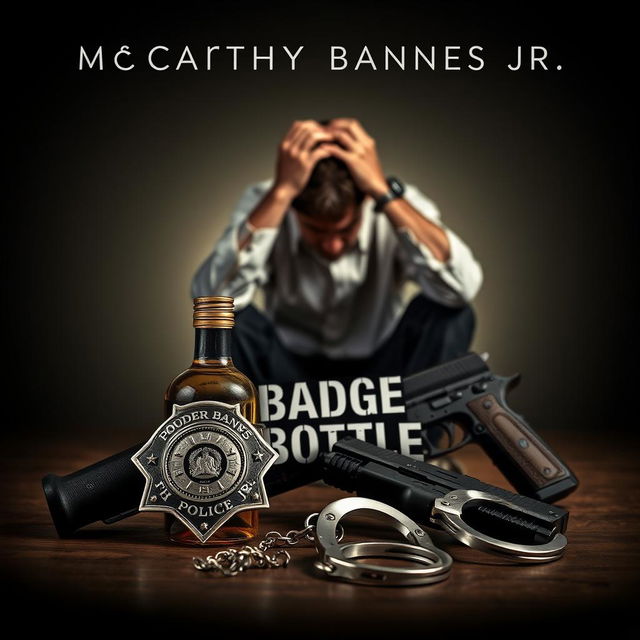 A police badge, a liquor bottle, a service weapon, and handcuffs artfully arranged in the foreground