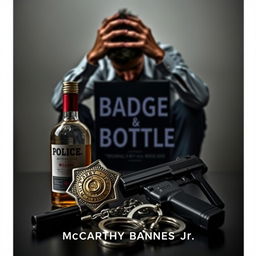 A police badge, a liquor bottle, a service weapon, and handcuffs artfully arranged in the foreground