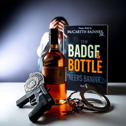 A police badge, a liquor bottle, a service weapon, and handcuffs artfully arranged in the foreground