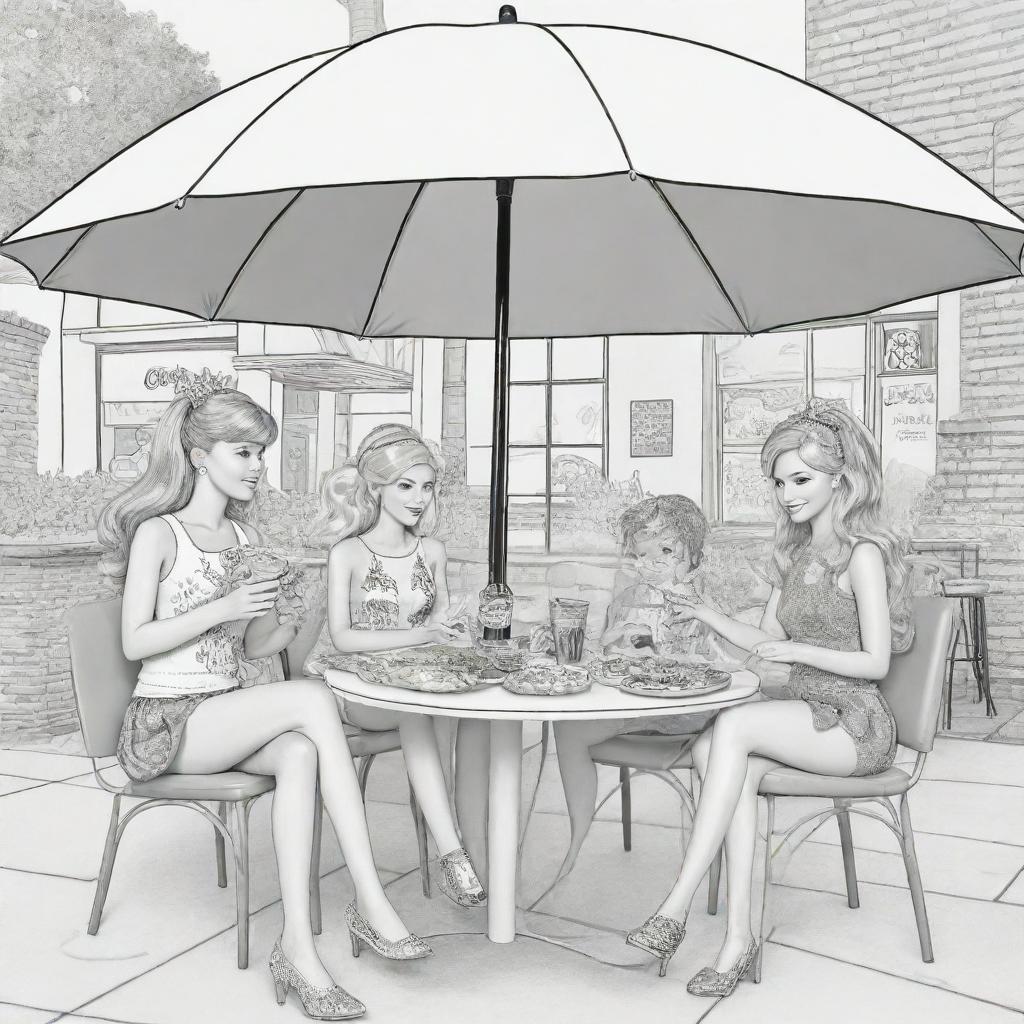 Two-dimensional, black and white cartoon-style colouring page of a Barbie fairy sitting under an umbrella at a restaurant, eating a pizza and drinking coke with Ken and her friends on a white background.