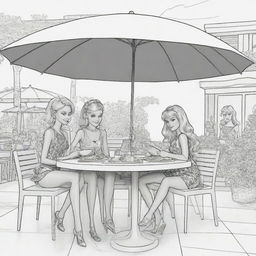 Two-dimensional, black and white cartoon-style colouring page of a Barbie fairy sitting under an umbrella at a restaurant, eating a pizza and drinking coke with Ken and her friends on a white background.