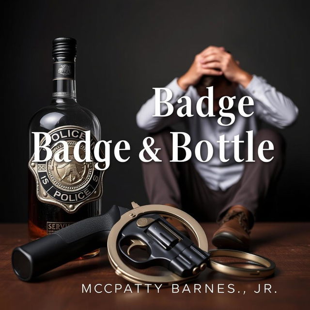 A police badge, a liquor bottle, a service revolver, and a pair of handcuffs prominently displayed in the foreground