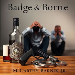 A police badge, a liquor bottle, a service revolver, and a pair of handcuffs prominently displayed in the foreground
