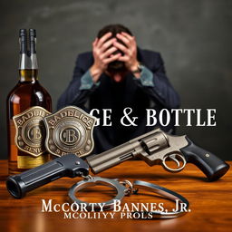 A police badge, a liquor bottle, a service revolver, and a pair of handcuffs prominently displayed in the foreground