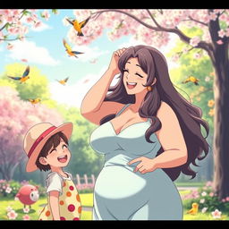 An anime scene featuring a curvy woman with large breasts playfully putting a colorful hat on her child's head
