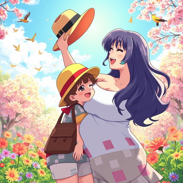 An anime scene featuring a curvy woman with large breasts playfully putting a colorful hat on her child's head