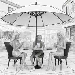 Two-dimensional, black and white cartoon-style colouring page of a Barbie fairy sitting under an umbrella at a restaurant, eating a pizza and drinking coke with Ken and her friends on a white background.