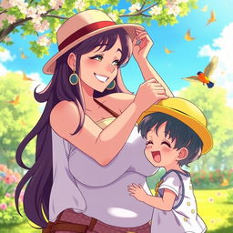 An anime scene featuring a curvy woman with large breasts playfully putting a colorful hat on her child's head