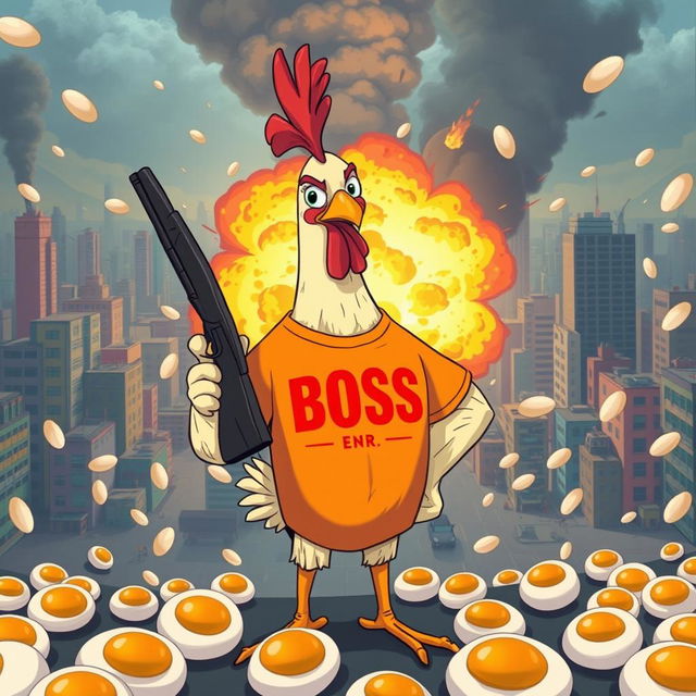 A funny and whimsical scene featuring a cartoon chicken wearing a bright, bold BOSS t-shirt