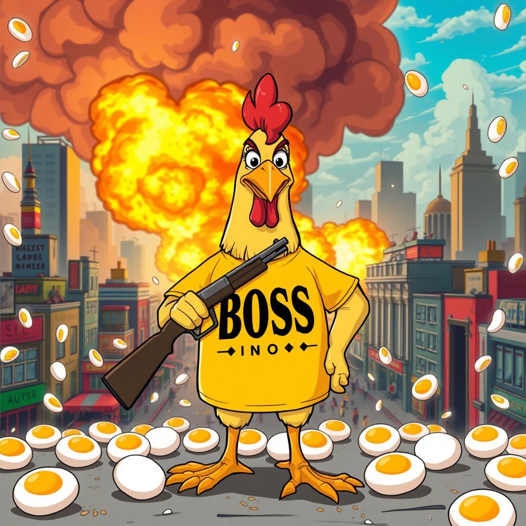 A funny and whimsical scene featuring a cartoon chicken wearing a bright, bold BOSS t-shirt