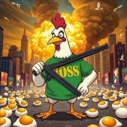 A funny and whimsical scene featuring a cartoon chicken wearing a bright, bold BOSS t-shirt