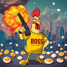 A funny and whimsical scene featuring a cartoon chicken wearing a bright, bold BOSS t-shirt