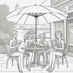 Two-dimensional, black and white cartoon-style colouring page of a Barbie fairy sitting under an umbrella at a restaurant, eating a pizza and drinking coke with Ken and her friends on a white background.