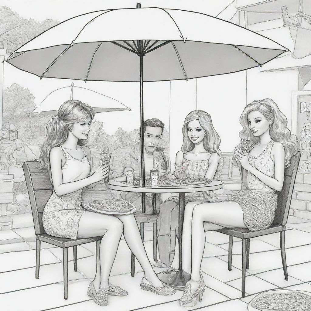 Two-dimensional, black and white cartoon-style colouring page of a Barbie fairy sitting under an umbrella at a restaurant, eating pizza and drinking coke with her boyfriend and friends on a white background.