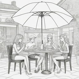 Two-dimensional, black and white cartoon-style colouring page of a Barbie fairy sitting under an umbrella at a restaurant, eating pizza and drinking coke with her boyfriend and friends on a white background.