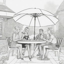 Two-dimensional, black and white cartoon-style colouring page of a Barbie fairy sitting under an umbrella at a restaurant, eating pizza and drinking coke with her boyfriend and friends on a white background.