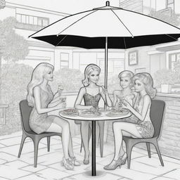 Two-dimensional, black and white cartoon-style colouring page of a Barbie fairy sitting under an umbrella at a restaurant, eating pizza and drinking coke with her boyfriend and friends on a white background.