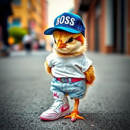 A stylish little chick dressed in trendy attire, wearing a white t-shirt and light blue ripped jeans