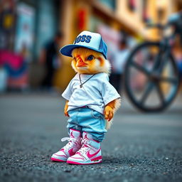 A stylish little chick dressed in trendy attire, wearing a white t-shirt and light blue ripped jeans