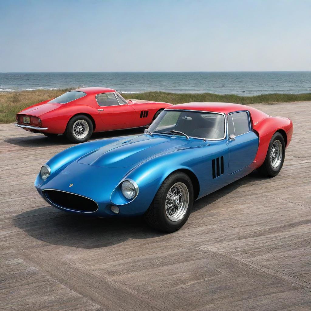 A vibrant cartoon image of a Ferrari 250 GTO, a 1934 Bugatti Type 57 Atlantic, and a Mustang GT500 Shelby 1967 standing together on a boardwalk.