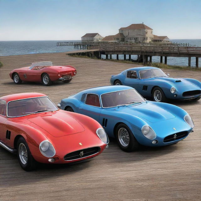 A vibrant cartoon image of a Ferrari 250 GTO, a 1934 Bugatti Type 57 Atlantic, and a Mustang GT500 Shelby 1967 standing together on a boardwalk.