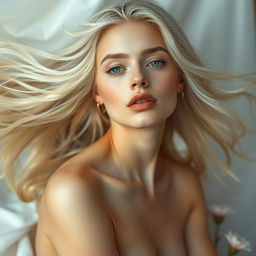 A stunning portrait of a white woman with flowing hair, portrayed gracefully without a top, showcasing her confidence and beauty