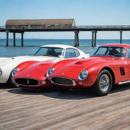 A vibrant cartoon image of a Ferrari 250 GTO, a 1934 Bugatti Type 57 Atlantic, and a Mustang GT500 Shelby 1967 standing together on a boardwalk.