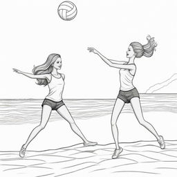 Two-dimensional, black and white cartoon-style colouring page of a Barbie fairy and her boyfriend playing volleyball at the beach on a white background.