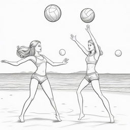 Two-dimensional, black and white cartoon-style colouring page of a Barbie fairy and her boyfriend playing volleyball at the beach on a white background.