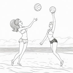 Two-dimensional, black and white cartoon-style colouring page of a Barbie fairy and her boyfriend playing volleyball at the beach on a white background.