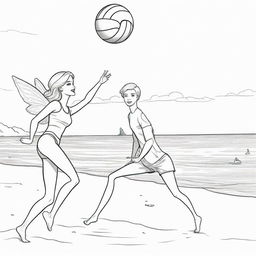 Two-dimensional, black and white cartoon-style colouring page of a Barbie fairy and her boyfriend playing volleyball at the beach on a white background.