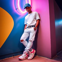 A stylish chick dressed in fashionable drip, wearing a white t-shirt, light blue ripped jeans, and white and pink Jordan 4 sneakers