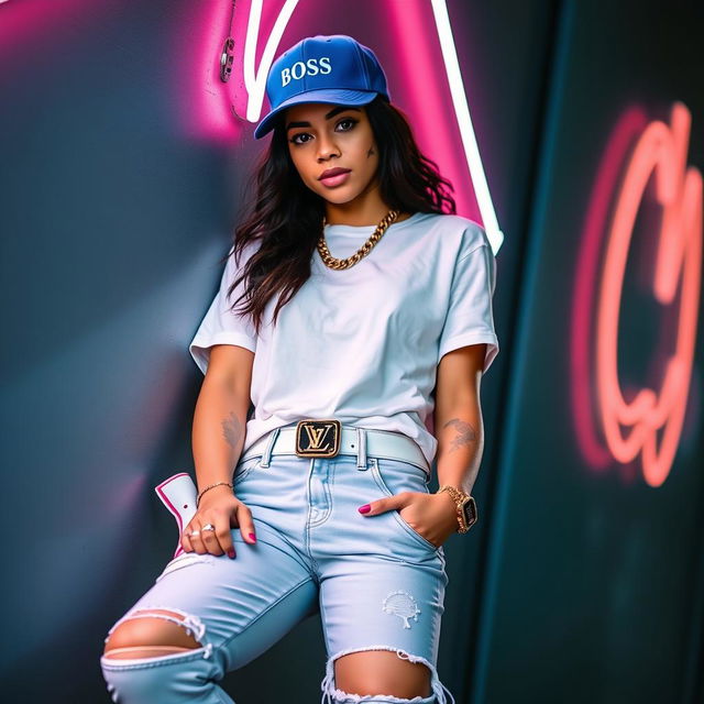 A stylish chick dressed in fashionable drip, wearing a white t-shirt, light blue ripped jeans, and white and pink Jordan 4 sneakers