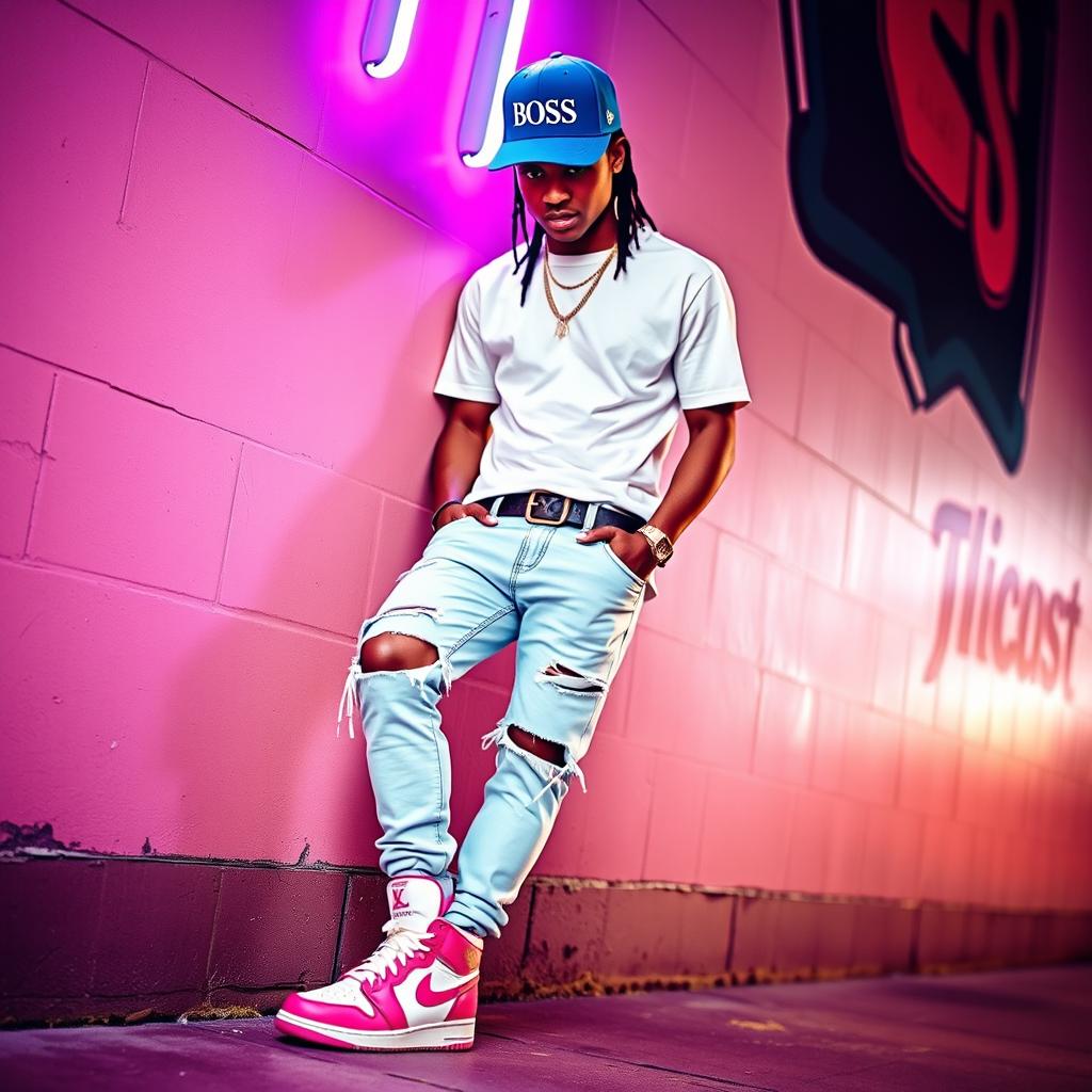 A stylish chick dressed in fashionable drip, wearing a white t-shirt, light blue ripped jeans, and white and pink Jordan 4 sneakers