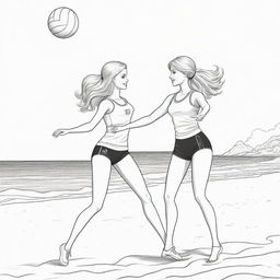 Two-dimensional, black and white cartoon-style colouring page of a Barbie fairy and her boyfriend Ken playing volleyball at the beach on a white background.