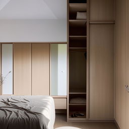 A well-arranged bedroom featuring a stylish wardrobe, planned with harmony of colors and materials. The room exhibits warmth and comfort, balancing function and aesthetics.