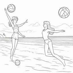 Two-dimensional, black and white cartoon-style colouring page of a Barbie fairy and her boyfriend Ken playing volleyball at the beach on a white background.