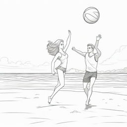 Two-dimensional, black and white cartoon-style colouring page of a Barbie fairy and her boyfriend Ken playing volleyball at the beach on a white background.